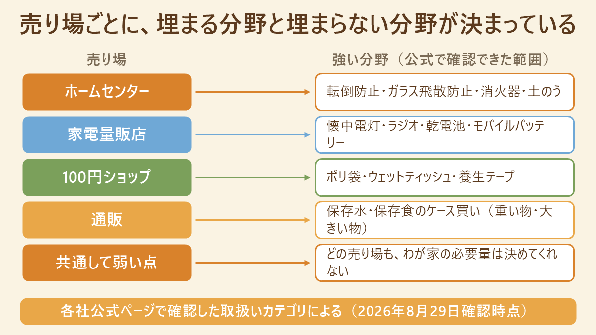 防災グッズの売り場ごとの得意分野を、ホームセンター・家電量販店・100円ショップ・通販の4業態と扱う品目で対応させた図