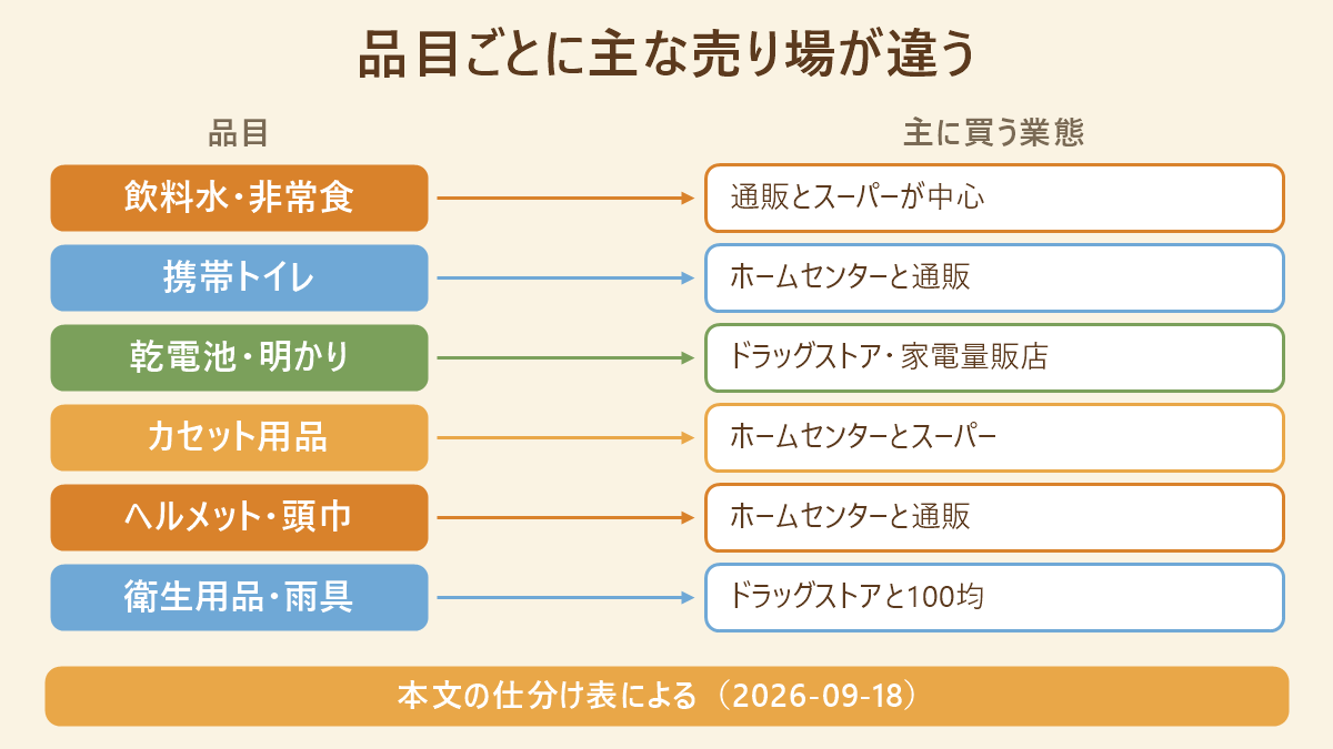 品目と主に買う業態を並べた対応表。飲料水・非常食は通販とスーパーが中心、携帯トイレはホームセンターと通販、乾電池・明かりはドラッグストアと家電量販店、カセット用品はホームセンターとスーパー、ヘルメット・頭巾はホームセンターと通販、衛生用品・雨具はドラッグストアと100均