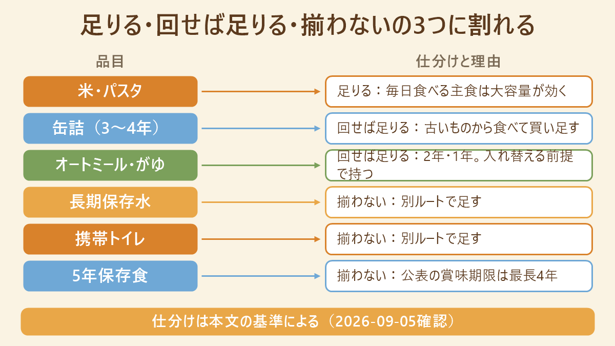 品目を業務スーパーで足りる・回せば足りる・揃わないの3つに仕分けた対応表。米とパスタは足りる、缶詰とオートミール・がゆは回せば足りる、長期保存水と携帯トイレと5年保存食は揃わない