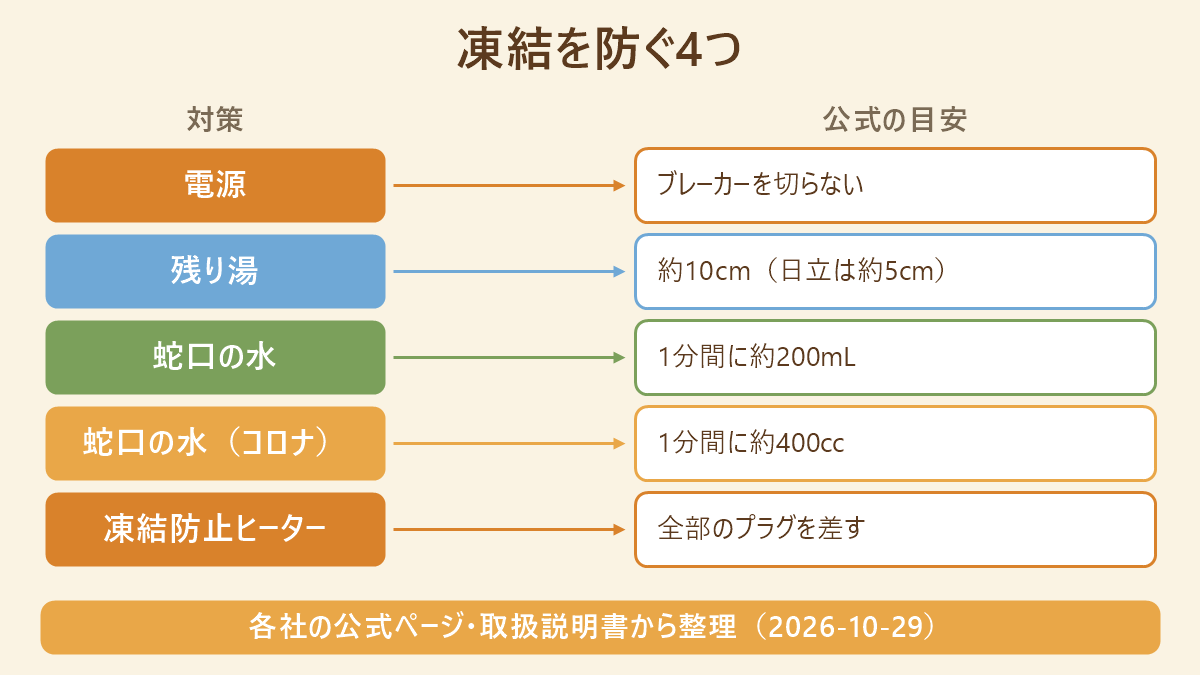 エコキュートの凍結を防ぐ4つの対策(電源・残り湯・蛇口の水・凍結防止ヒーター)と、各社の公式の目安を左右で対比した図
