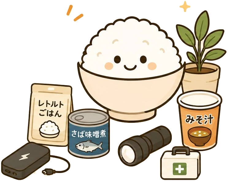 ごはん茶碗のキャラクターと、レトルトごはん・さば味噌煮の缶詰・みそ汁・懐中電灯・救急箱・モバイルバッテリーのイラスト