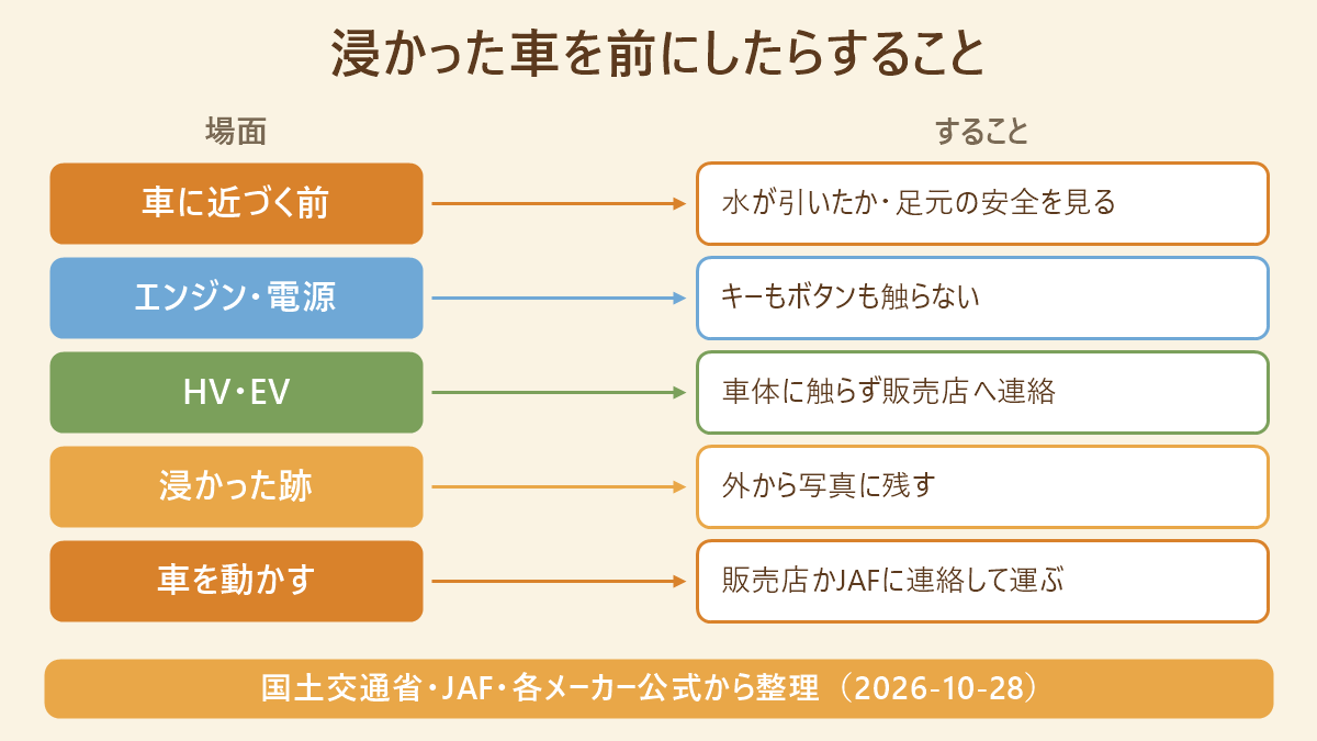 浸かった車を前にしたらすること。近づく前に安全を見る、エンジンや電源に触らない、HV・EVは販売店へ、跡を写真に残す、レッカーで運ぶ